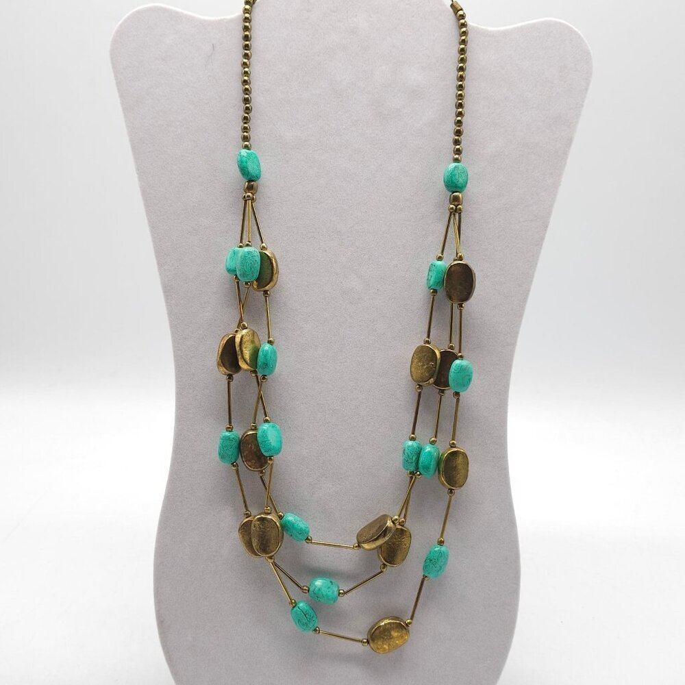 Vintage Multi-Strand Brass Turquoise Bead Necklace With Lobster Clasp Closure 25